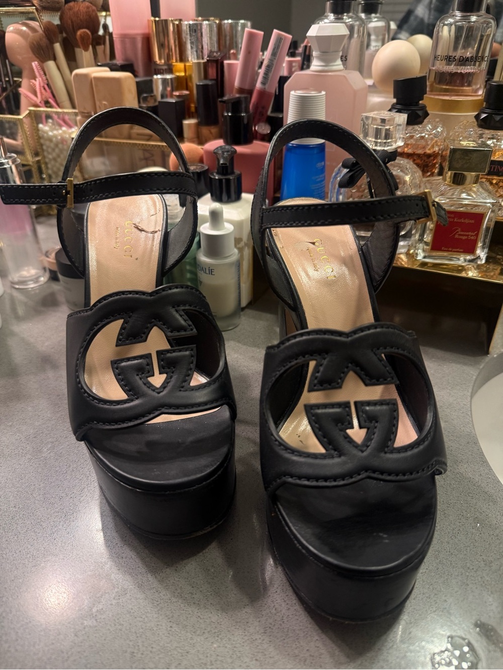 Gucci Black Leather Interlocking G Platform Sandals